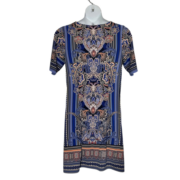 Women's size 16 blue, black, peach multi colored knee length short sleeve dress - Picture 2 of 5